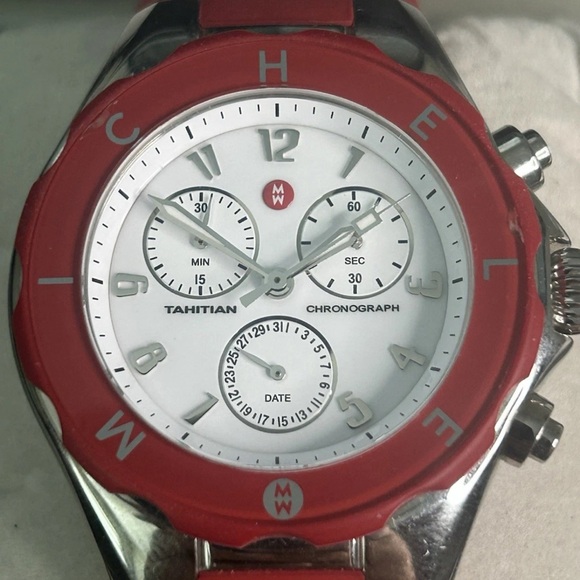 Michele Tahitian Jelly Bean Red & Silver Chrongraph Watch - Perfect Condition - Picture 3 of 11